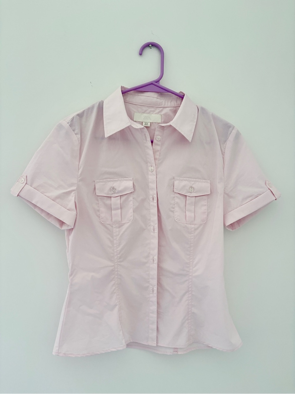 ZARA Women's Short-Sleeve Button Front Shirt - Light Pink